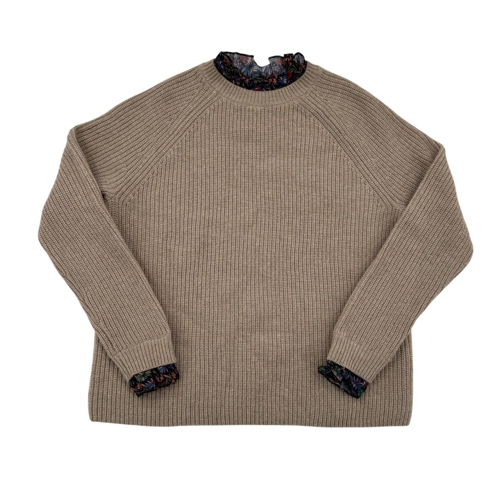 Boden Mockable Sweater Women 10 Tan Excellent 2 in 1 Floral Wool Alpaca Rib Knit